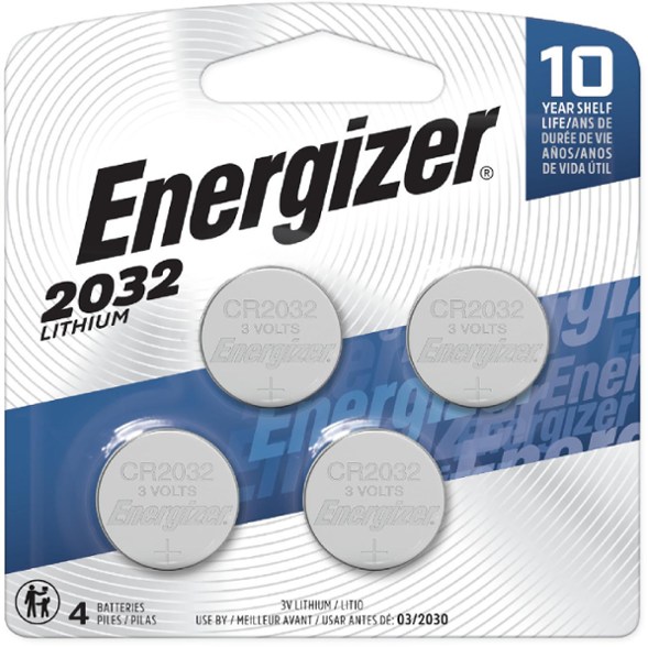 Energizer CR2032 lithium coin cell battery pack showcasing four batteries