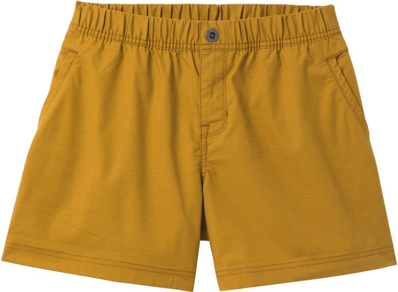 Front view of prAna Double Peak moisture-wicking women's shorts in olive green, showing elastic waistband and pockets