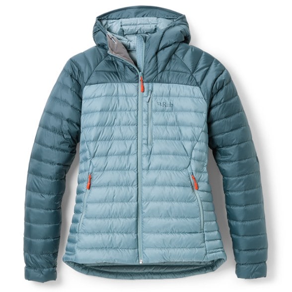 Rab Microlight Alpine Women's Down Jacket in action on a hiking trail.