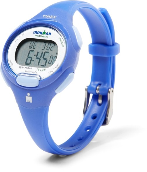 Timex Ironman 10-Lap Digital Fitness Watch from the side, highlighting the display and buttons.