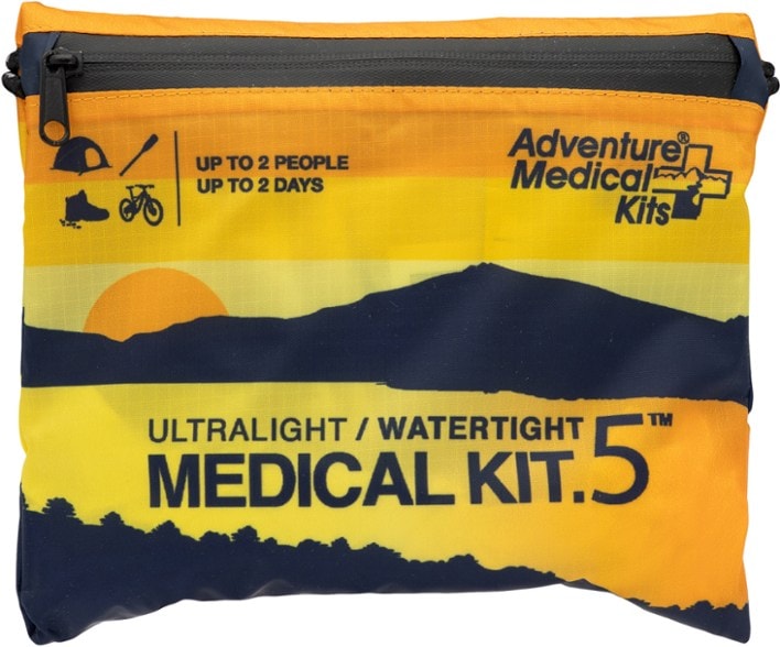 Close-up of the waterproof outer bag of the Adventure Medical Kit, showcasing its durable design.