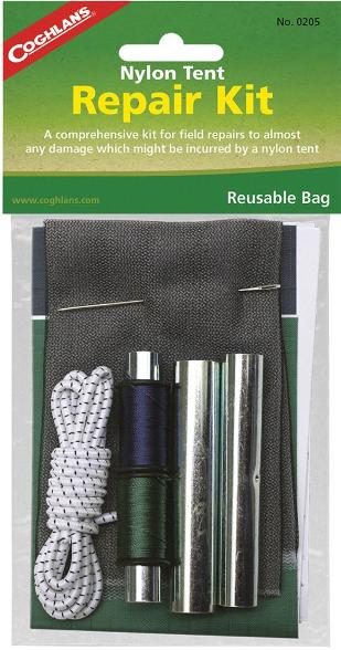 Close-up of the Ultimate Nylon Tent Repair Kit showing patches and tools.