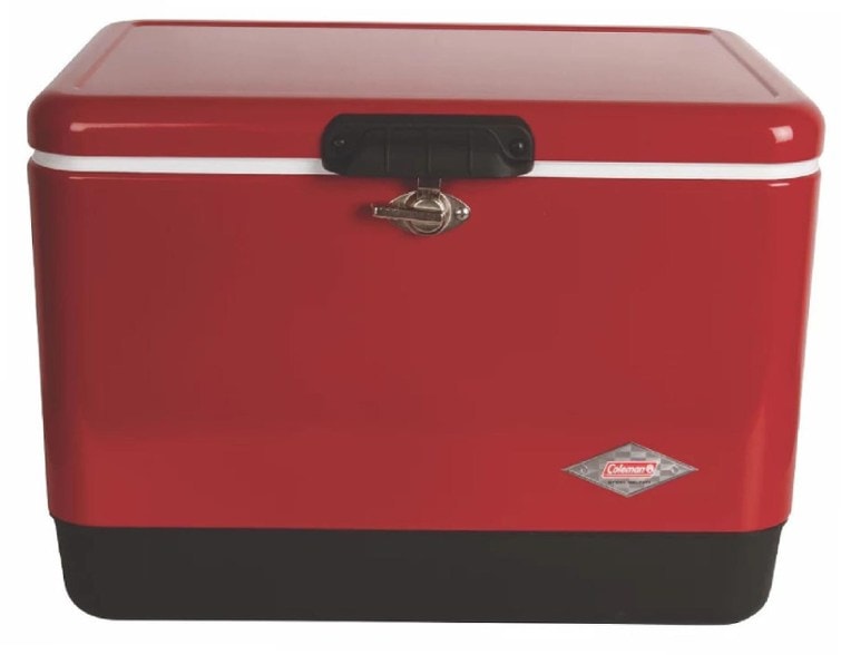 Durable stainless steel ice chest with sturdy rubber-grip handles, perfect for camping trips