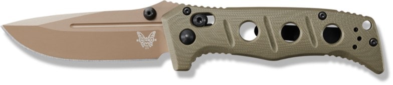 Close-up of the Benchmade Mini Adamas knife demonstrating its G10 handle and blade finish.
