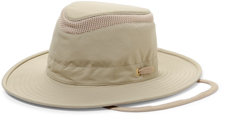 Tilley LTM6 Airflo Hat with broad brim and mesh for ventilation, ideal for sunny hikes.