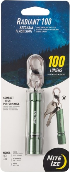 RadiantPro 100 compact flashlight attached to a keychain, showing its sleek aluminum body