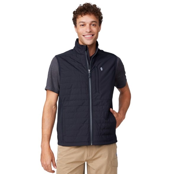 Eco-friendly men's insulated vest showcasing stretch fabric and recycled materials.