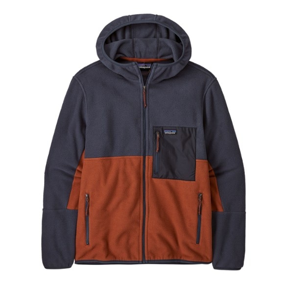 Front view of Patagonia fleece jacket showing zippered chest pocket and warm hood