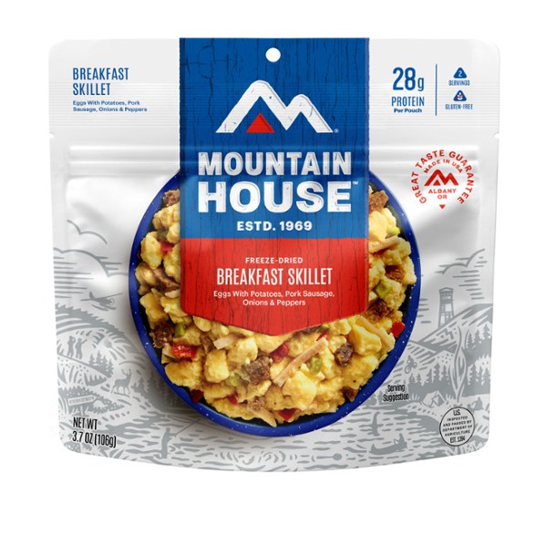 Close-up of TrailMaster freeze-dried breakfast skillet with hash browns and scrambled eggs, perfect backpacking food