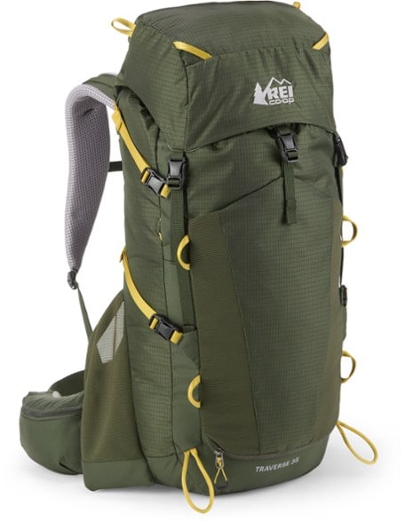 Front view of the Traverse 35 Men's Hiking Backpack showcasing its organizational features.