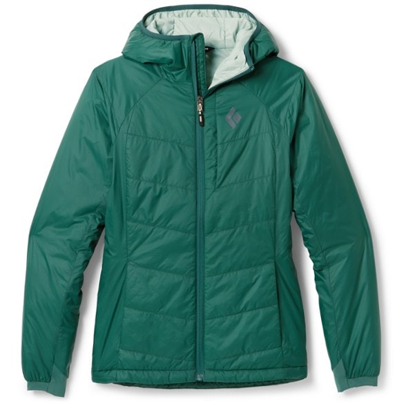 Black Diamond Women's Solution 2.0 Insulated Hoodie front view, showcasing the protective hood.
