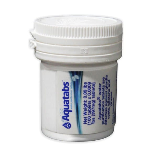 Close-up of AquaGuard Survival+ travel water purifier tablets pack of 100 in tamper-proof container