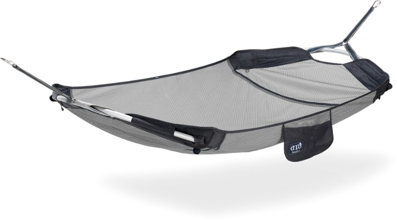 ENO DayLoft hammock with spreader bars hanging between trees, ideal portable hammock for camping