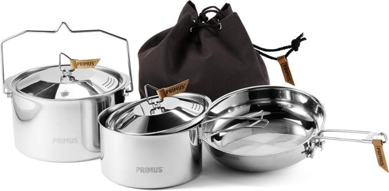 Close-up of the stainless steel frying pan from the campfire cooking set.