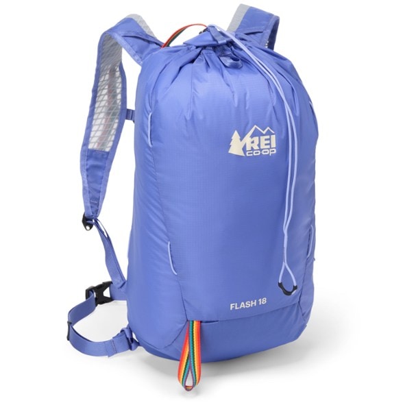 Front view of the water-resistant backpack showing REI Pride Edition graphic and top drawcord closure