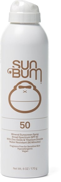 SunGuard zinc oxide mineral sunscreen spray bottle angled view with SPF 50 label visible