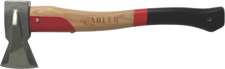Adler Heavy-Duty Camping Axe with a thick wooden log, demonstrating its splitting power