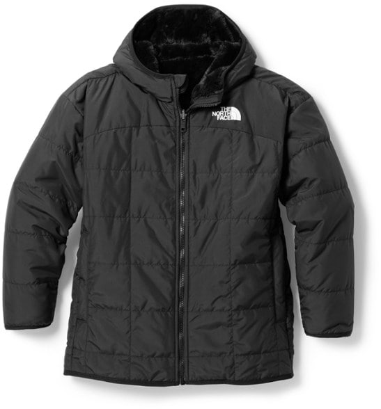 Front view of The North Face girls' reversible insulated parka, showcasing quilted design and fleece interior.