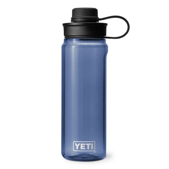Yonder hydration bottle with tether cap, showcasing its lightweight design and perfect for hiking.