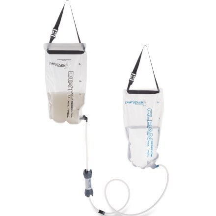Platypus GravityWorks 4L water filter system hanging in a campsite.