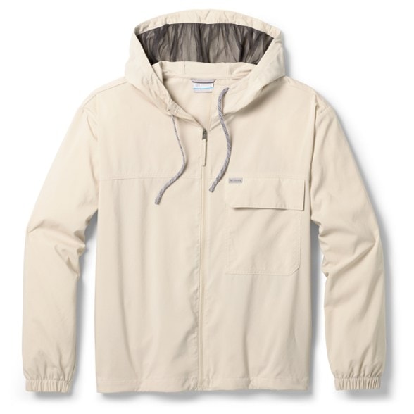 Columbia women's insect repellent hiking shirt in blue, showcasing the adjustable hood and mesh venting.