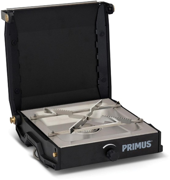 Moja portable camp stove from the side, highlighting the locking handle and burner.