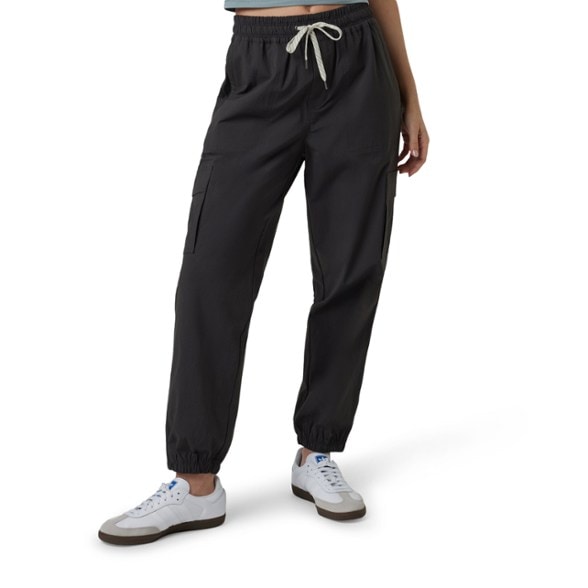Front view of BirchFlex women's joggers highlighting elastic waistband and relaxed fit
