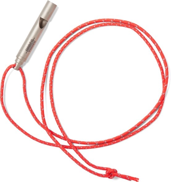 Close-up of Vargo Peak titanium whistle showing durable metal finish and compact design for survival gear