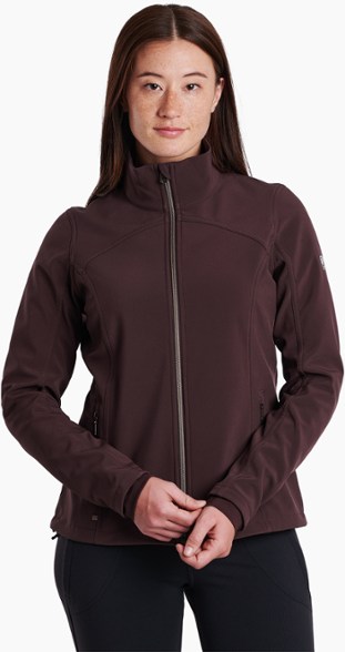 Frost Women's Soft-Shell Jacket displayed outdoors, showcasing its weather-resistant fabric.