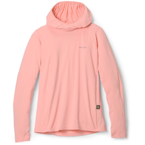 Front view of the Insect Shield Women's Active Hoodie in action during a hike, showcasing its comfort and practical features.
