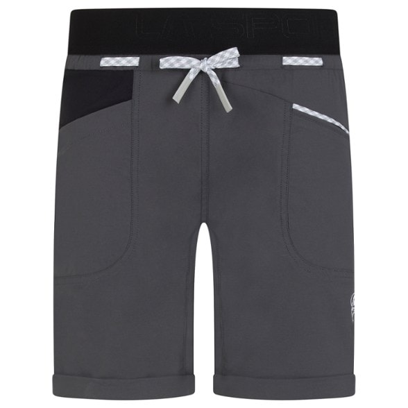 Woman climbing in SummitFlex hiking shorts — side view showing waistband stretch and pocket placement