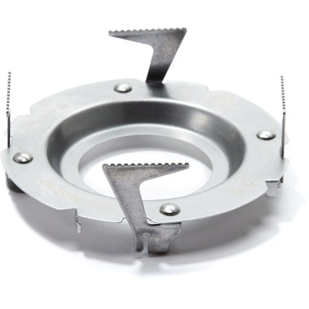 Jetboil pot support adapter securely mounted on a burner with traditional pots.