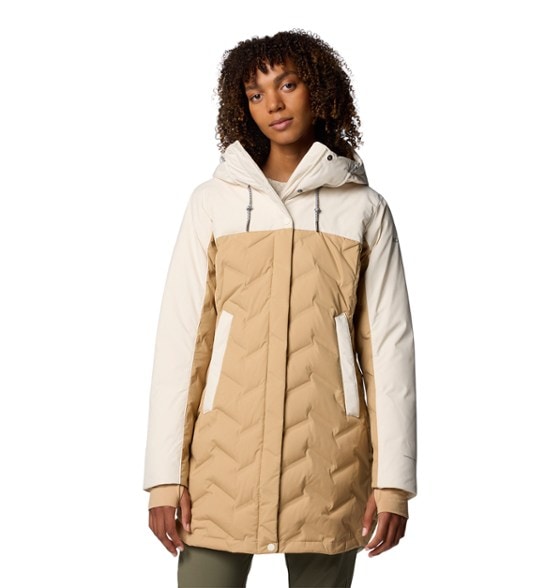 Columbia Women's Mountain Croo III Mid Down Jacket in black, showcasing the waterproof fabric and design.