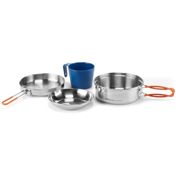 Glacier Stainless mess kit displayed with pot, frypan, and bowl outdoors.