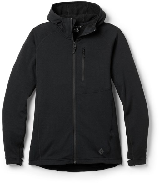 Front view of AlpineEdge women's fleece hoody showcasing slim fit and technical fleece fabric
