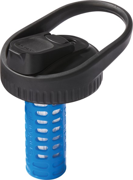 Close-up view of the SwiftFlow bottle filter attached to a Nalgene bottle outdoors