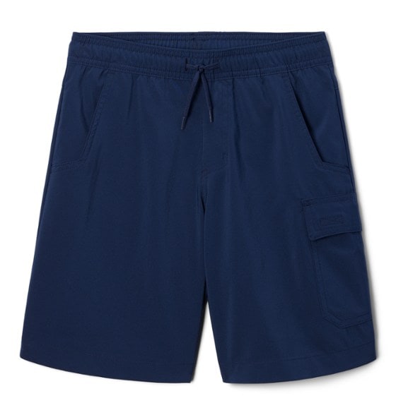Boys wearing eco-friendly kids' hiking utility shorts during a summer hike, showcasing their lightweight fabric and sun protection features.