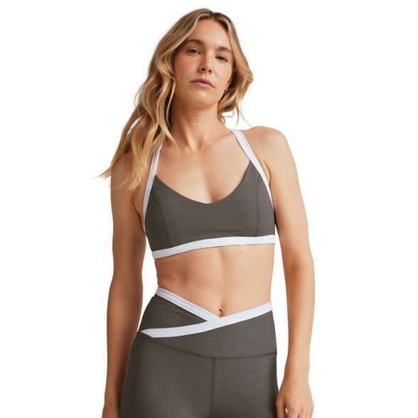 Front view of Beyond Yoga Spacedye Comfort Bra showcasing V-neck and princess seams.