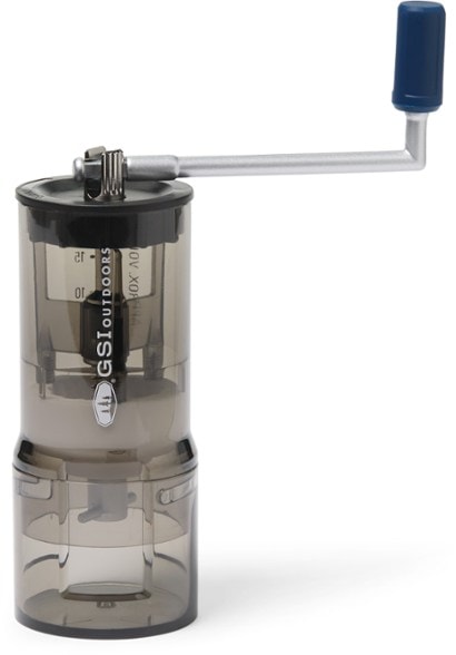 AdventureReady Manual Coffee Grinder showcasing its conical burr design and locking grounds cup.