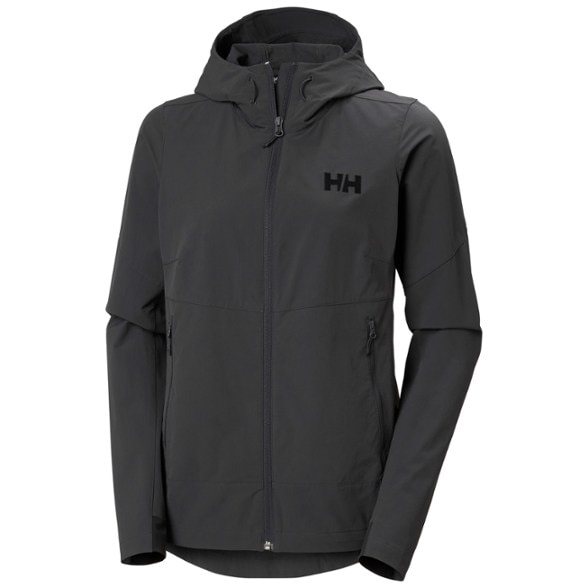 Helly Hansen women's Blaze soft-shell jacket shown on a hiker in windy conditions.