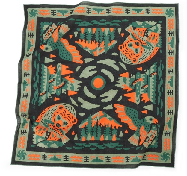 Front view of the artist-designed organic cotton bandana showcasing vibrant colors.