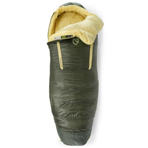 NEMO Disco 15 women's down sleeping bag set up at a campsite, showcasing its water-resistant features.