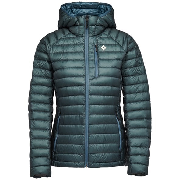 Summit Ready Women's Packable Down Jacket shown during mountain climbing with an insulated hood.