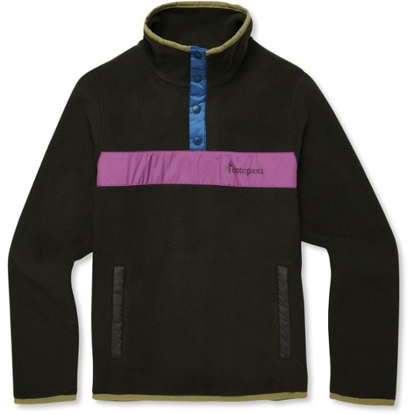 Front view of the eco-friendly women's fleece pullover showcasing vibrant colors.