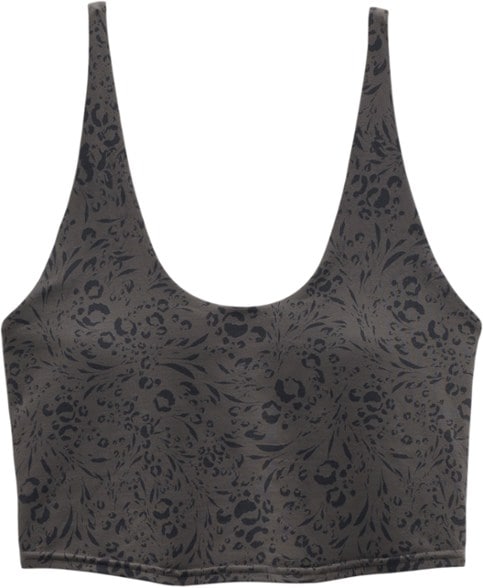 Front view of Chakara compression crop top with built-in bra, showing adjustable strap sports bra crop top design in black