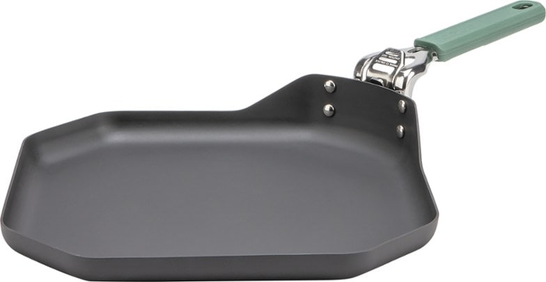 Gerber ComplEAT griddle showcasing its square design on a camping stove.