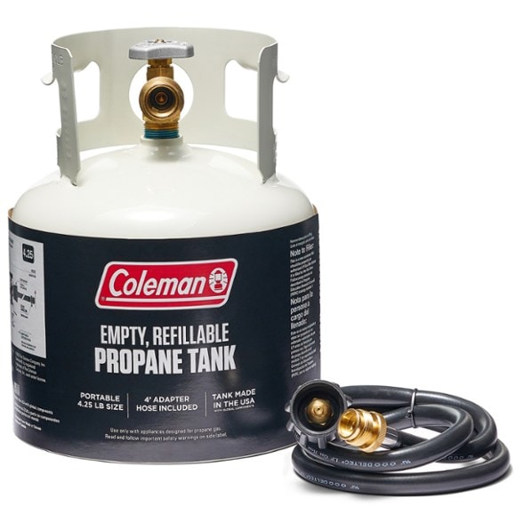 Coleman 4.25 lb. refillable propane tank on a camping table
