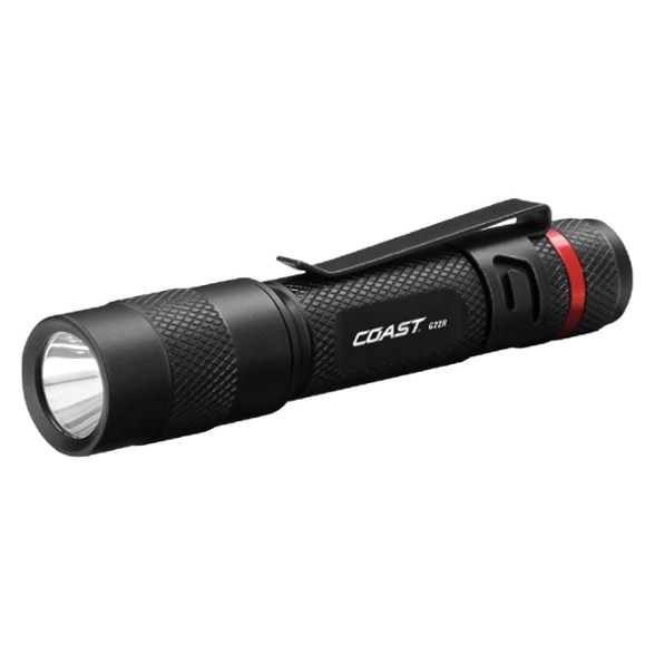 TrailLite G22R pocket flashlight clipped to hiking backpack, showing compact size and portability