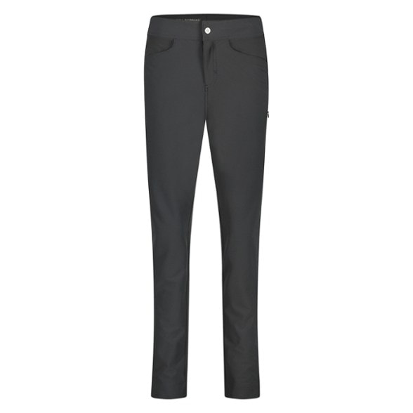 Front view of eco-friendly women's stretch trail pants showcasing pockets and fabric