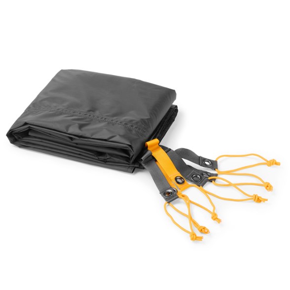 Wawona 4 tent footprint laid out on the ground, showcasing its durable material.